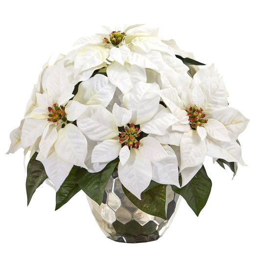 14” Poinsettia Artificial Arrangement in Designer Silver Bowl - Tampa Home & Garden Store
