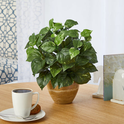 14-inch pothos artificial plant in ceramic planter, variegated green leaves on Tampa Home & Garden Store