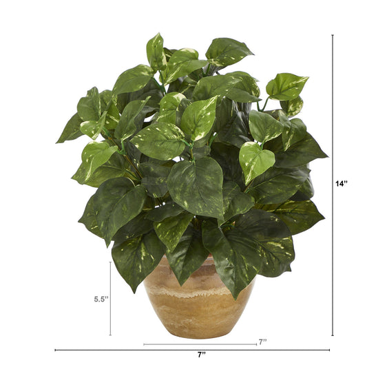 Pothos artificial plant 14in in ceramic planter by Nearly Natural with variegated green leaves on Tampa Home & Garden Store
