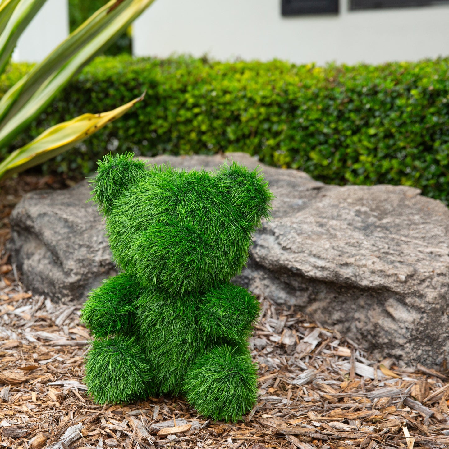 14in UV-resistant artificial grass topiary bear by Nearly Natural with plush spheres on Tampa Home & Garden Store