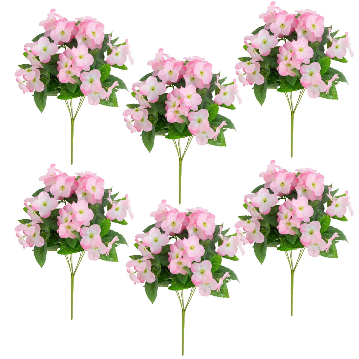 Artificial hydrangea bush set of 6, 14in, pink UV-resistant, Nearly Natural indoor/outdoor on Tampa Home & Garden Store