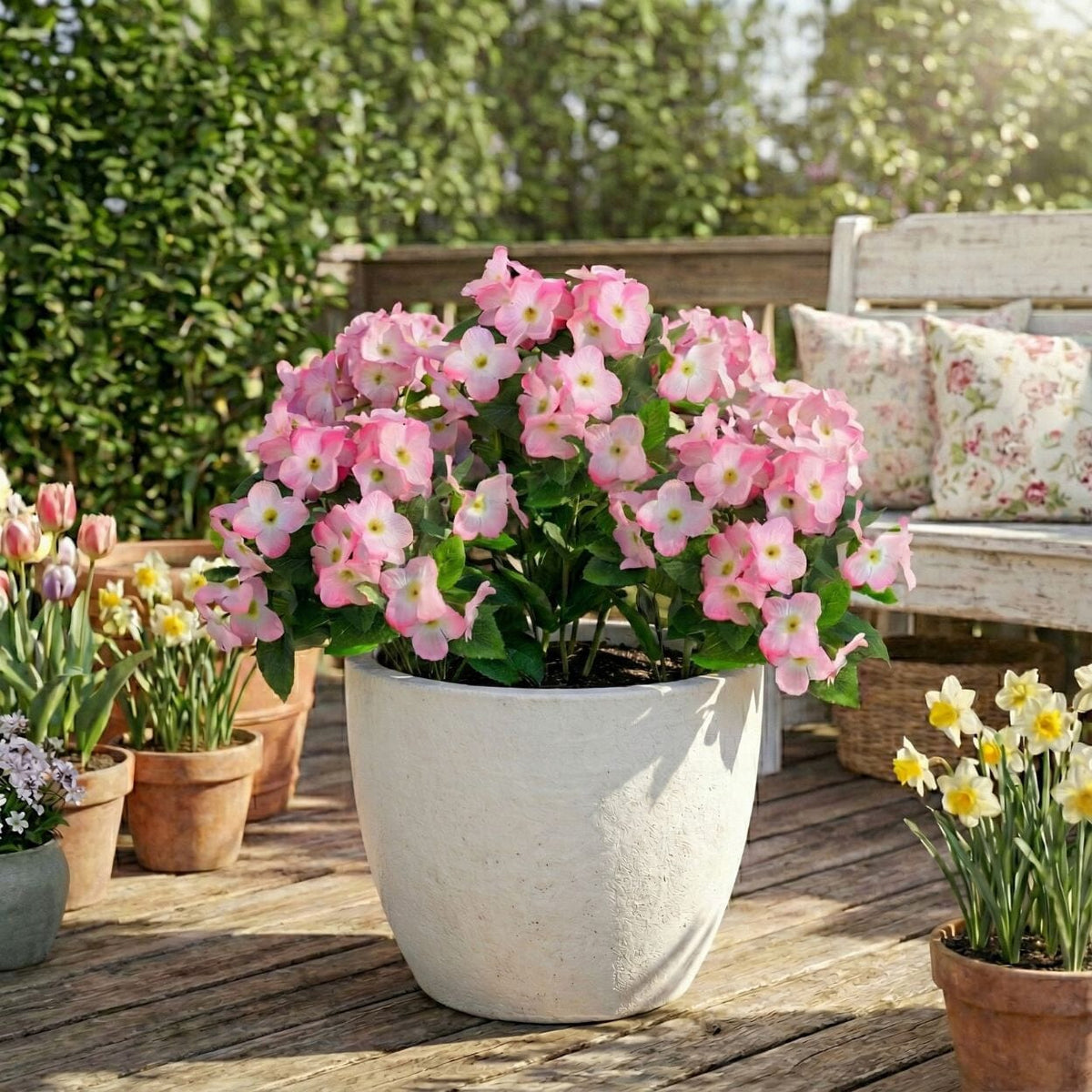 Artificial hydrangea bush 14in UV resistant pink blooms set of 6 Nearly Natural on Tampa Home & Garden Store