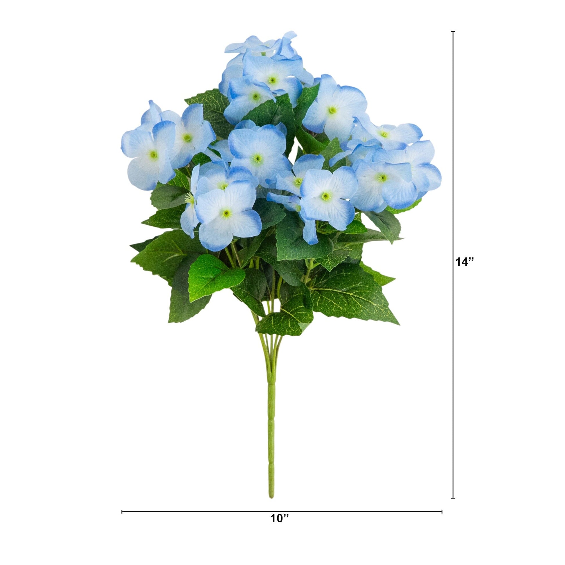 Artificial blue hydrangea bush, 14in UV-resistant, indoor/outdoor, set of 6 stems on Tampa Home & Garden Store