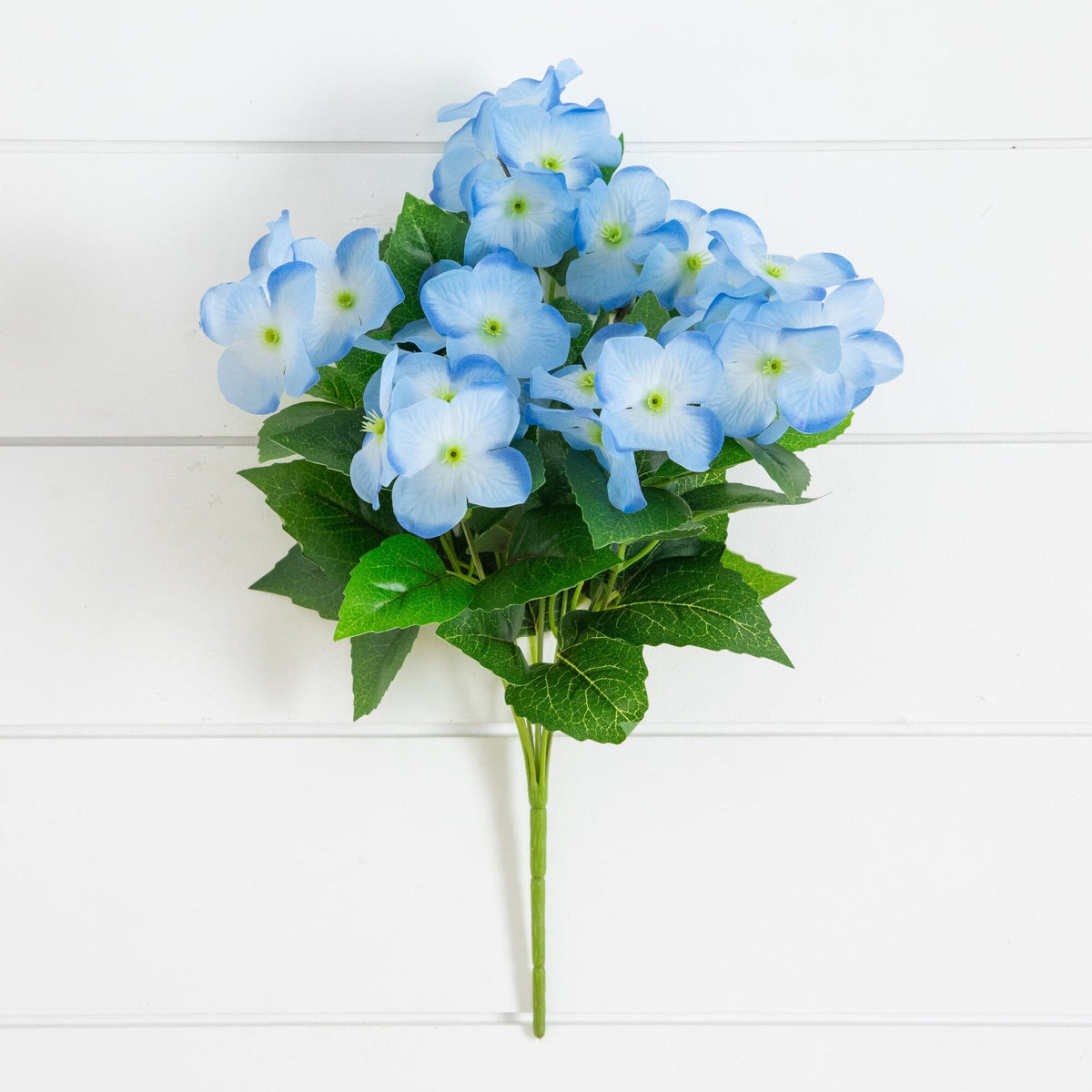 Nearly Natural 14in UV-Resistant Artificial Hydrangea Bush blue blooms with centers and leaves on Tampa Home & Garden Store