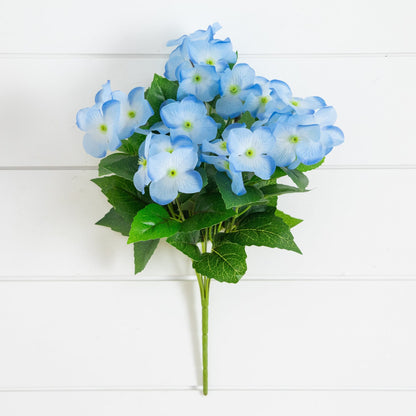 Nearly Natural 14in UV-Resistant Artificial Hydrangea Bush blue blooms with centers and leaves on Tampa Home & Garden Store