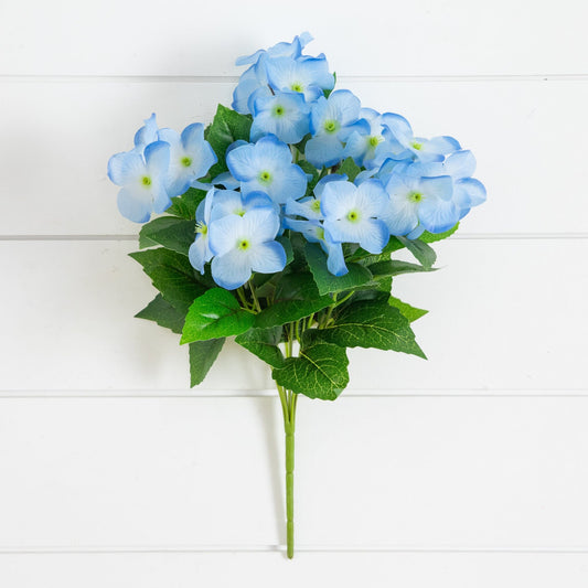 Nearly Natural 14in UV-Resistant Artificial Hydrangea Bush blue blooms with centers and leaves on Tampa Home & Garden Store