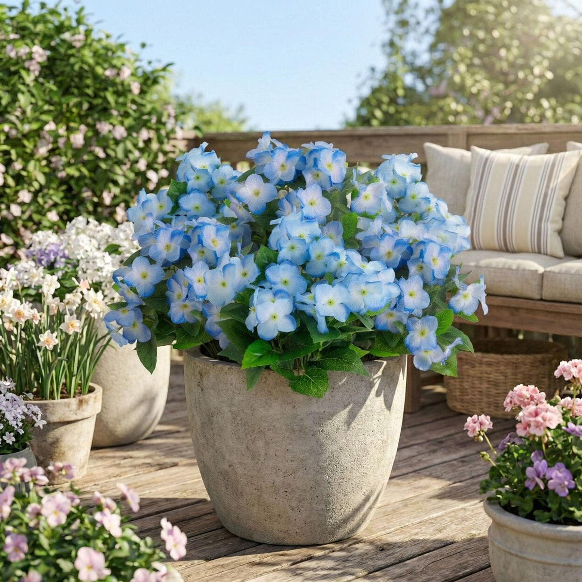 Artificial hydrangea bush 14in UV resistant blue blooms in gray pot Nearly Natural on Tampa Home & Garden Store