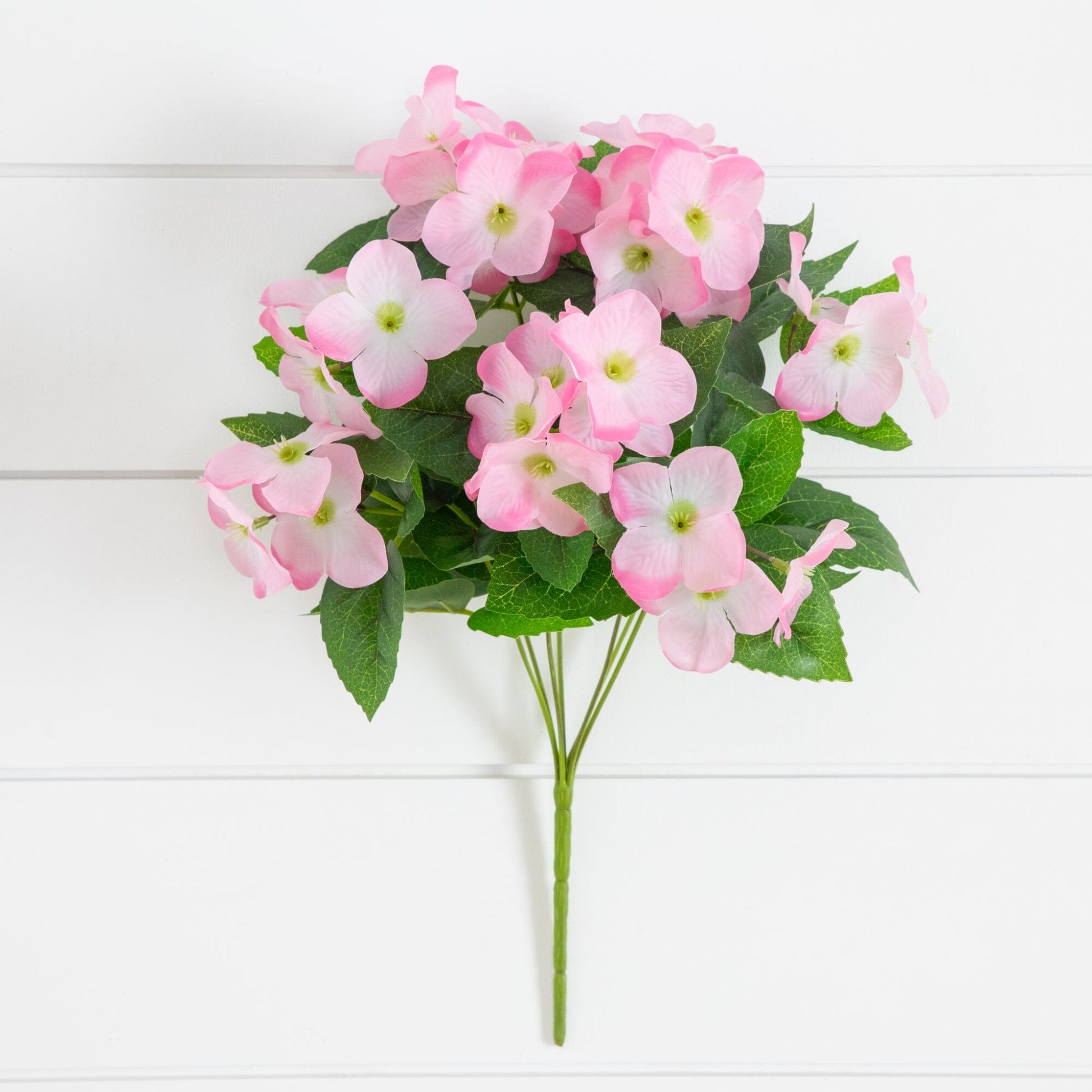 Artificial hydrangea bush 14in pink blooms with green leaves set of 6 Nearly Natural UV resistant on Tampa Home & Garden Store
