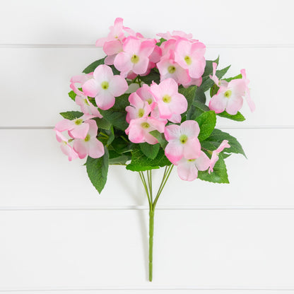 Artificial hydrangea bush 14in pink blooms with green leaves set of 6 Nearly Natural UV resistant on Tampa Home & Garden Store