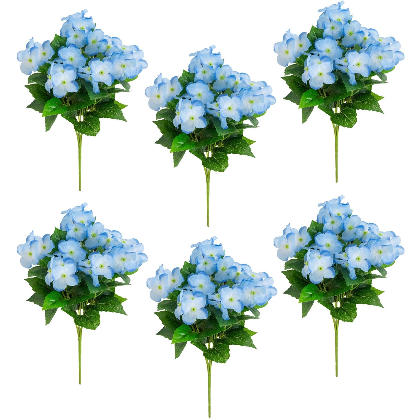 14in UV resistant artificial hydrangea bush set of 6 with blue blooms and green leaves on Tampa Home & Garden Store