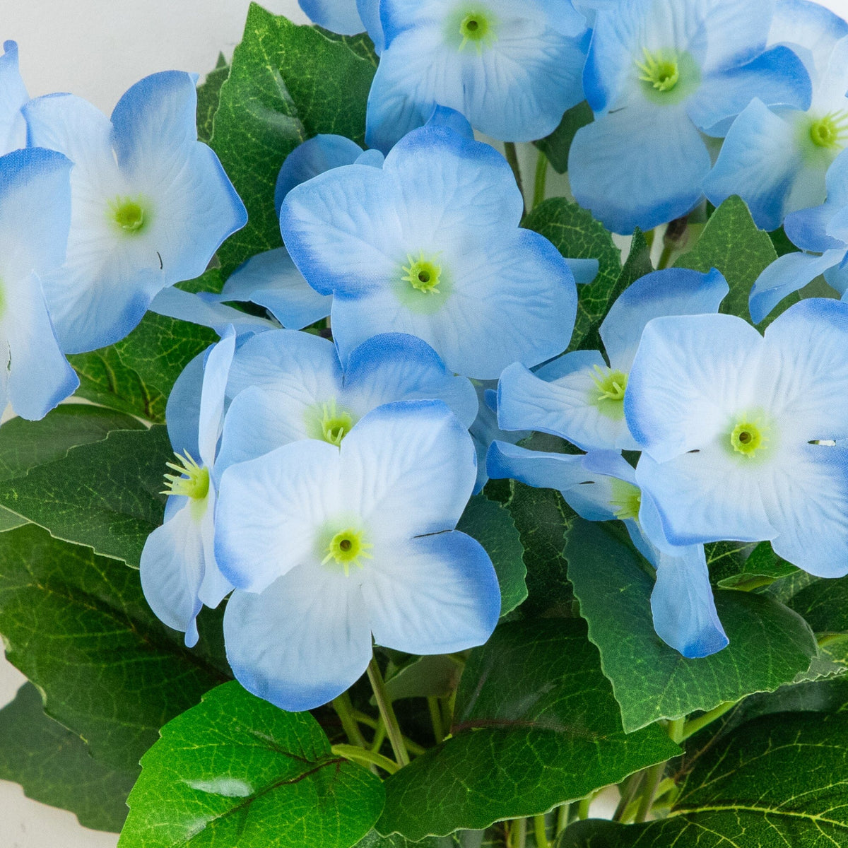 Artificial hydrangea bush 14in set of 6, blue blooms UV resistant indoors outdoors on Tampa Home & Garden Store