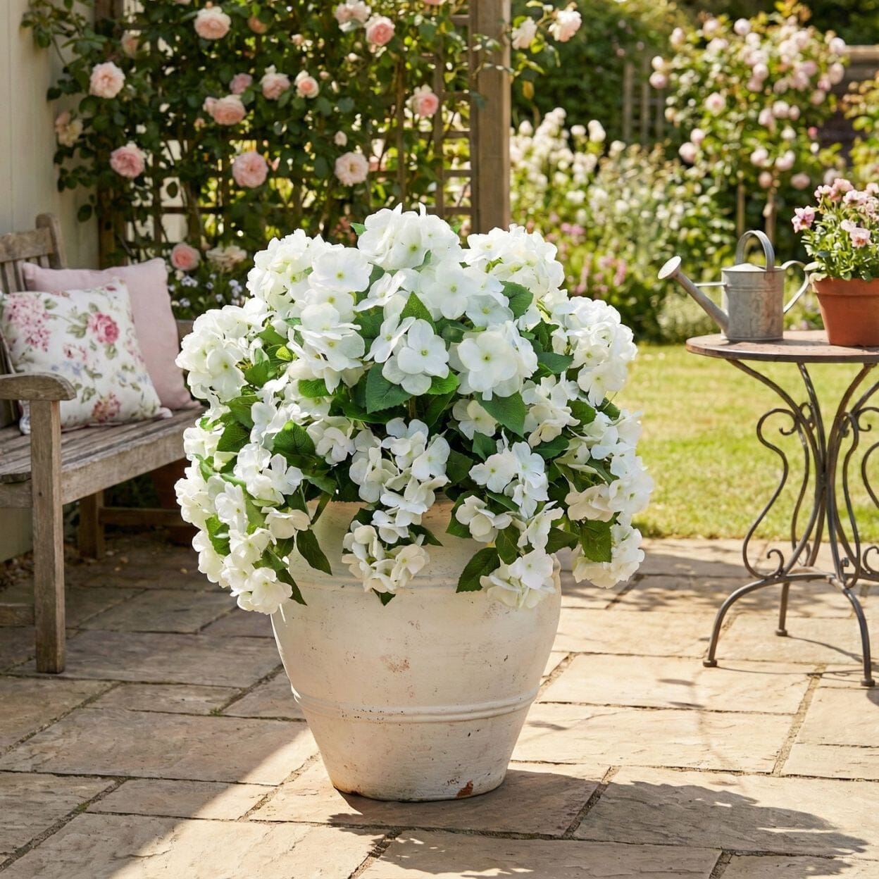 14in UV-resistant artificial hydrangea bush set of 6 with white blooms by Nearly Natural on Tampa Home & Garden Store