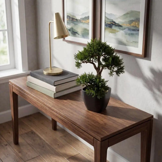 Nearly Natural Fifteen Inch Artificial Cedar Bonsai Tree in a black pot on a console table on Tampa Home & Garden Store