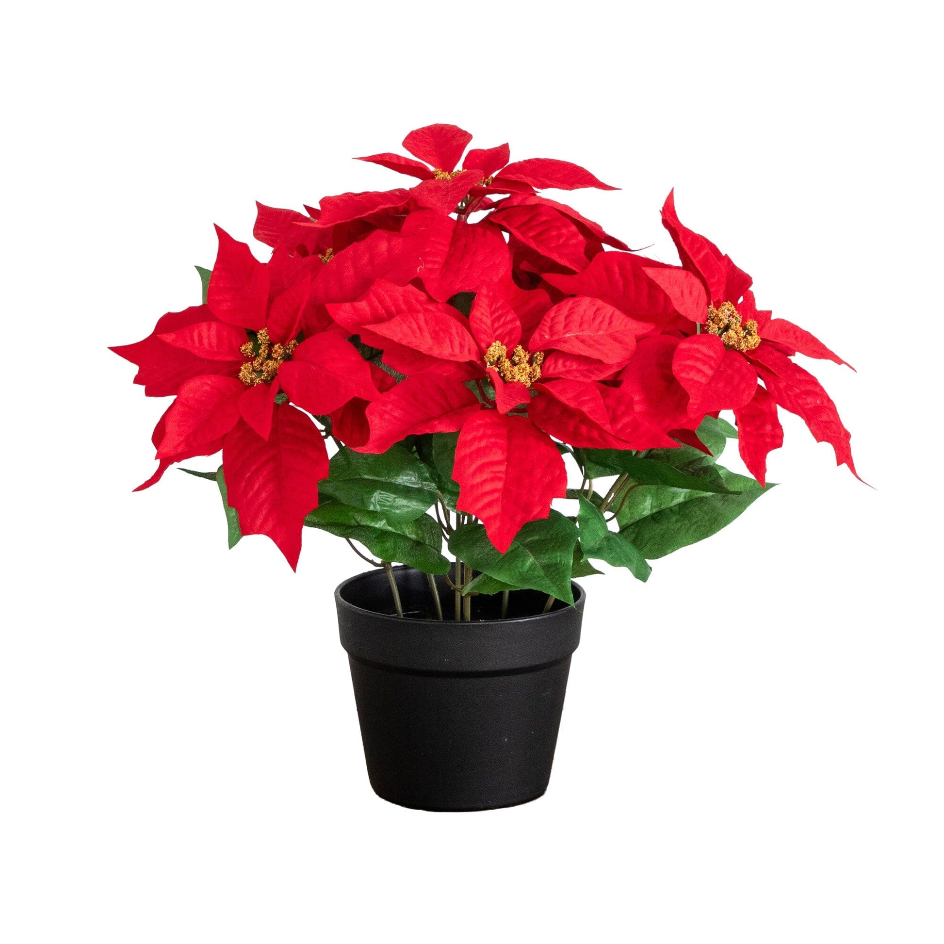 Nearly Natural 15-inch artificial poinsettia plant in black planter with red bracts on Tampa Home & Garden Store