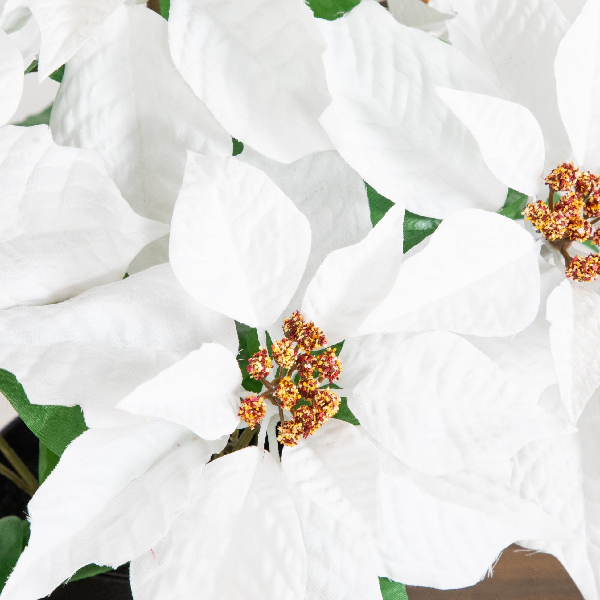 Poinsettia plant, Nearly Natural 15in artificial with white bracts and leaves in planter on Tampa Home & Garden Store