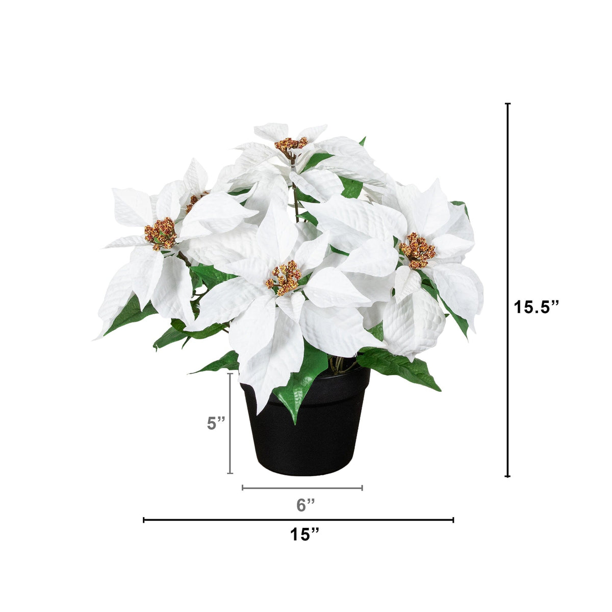 15in artificial poinsettia plant in black planter, white blooms and green leaves Nearly Natural on Tampa Home & Garden Store