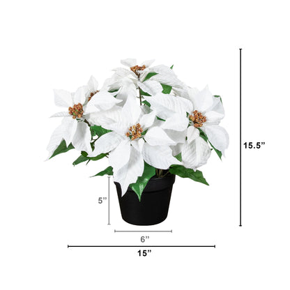 15in artificial poinsettia plant in black planter, white blooms and green leaves Nearly Natural on Tampa Home & Garden Store