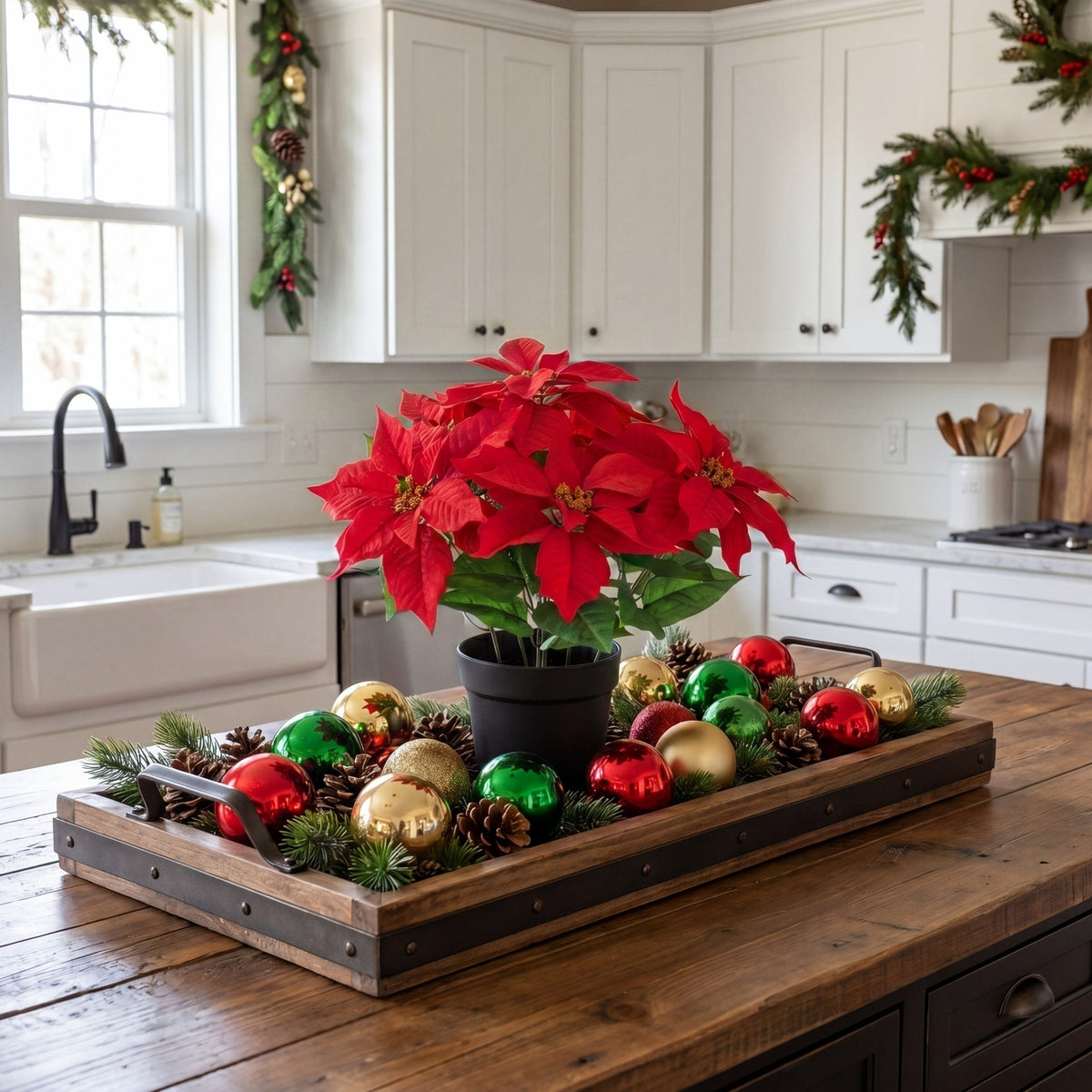 15-inch artificial poinsettia plant Nearly Natural in a black planter with red bracts on Tampa Home & Garden Store