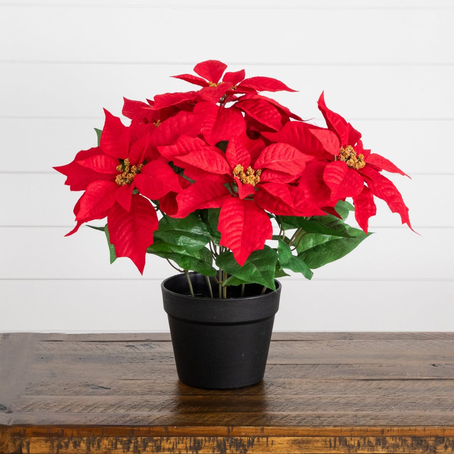 Artificial poinsettia plant 15 in red blooms in black planter Nearly Natural on Tampa Home & Garden Store