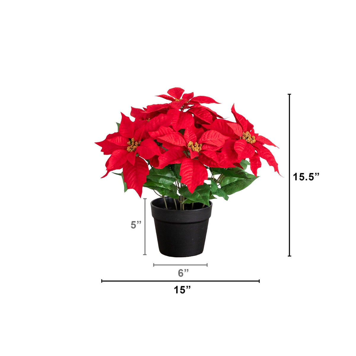 15-inch artificial poinsettia plant in black planter, red blooms by Nearly Natural on Tampa Home & Garden Store