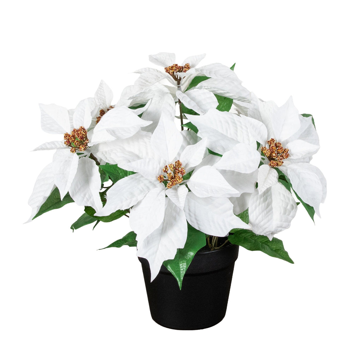 15in artificial poinsettia plant with white bracts and gold centers in planter on Tampa Home & Garden Store