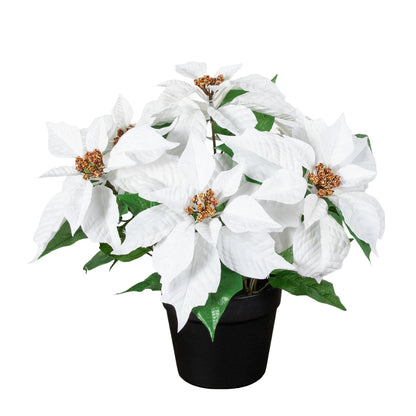 15in artificial poinsettia plant with white bracts and gold centers in planter on Tampa Home & Garden Store