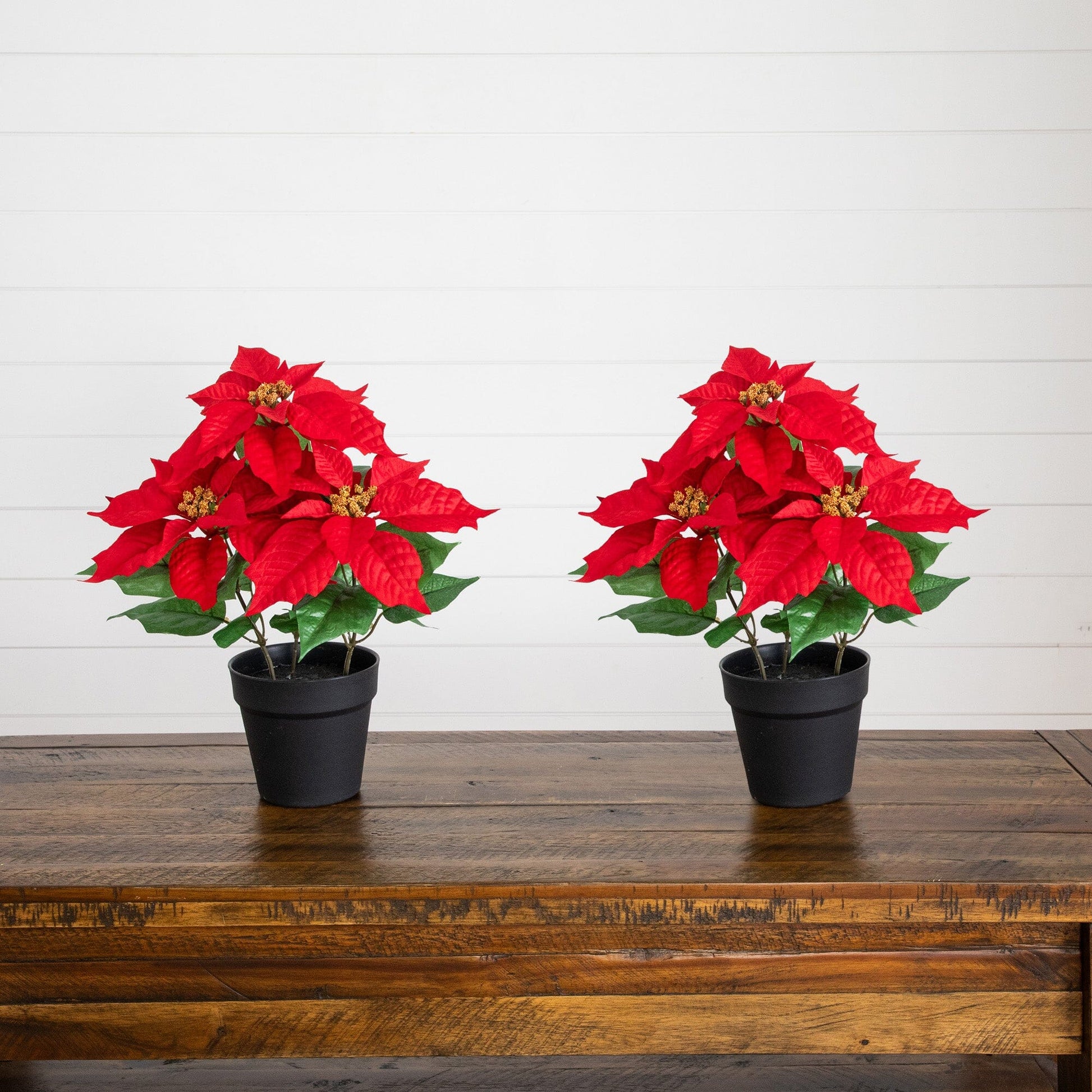 15-inch artificial poinsettia plant set of 2 by Nearly Natural in planters with red bracts on Tampa Home & Garden Store