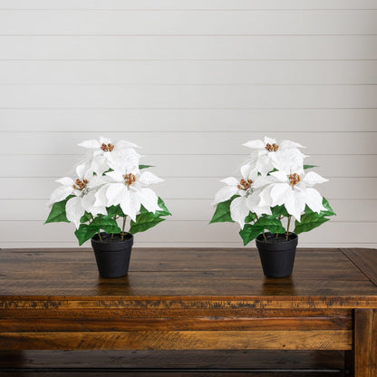 15in artificial poinsettia plant 2-pack by Nearly Natural in black pots with white blooms on Tampa Home & Garden Store