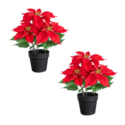 Nearly Natural 15-inch artificial poinsettia plants in black pots, set of 2, red bracts, green leaves on Tampa Home & Garden Store