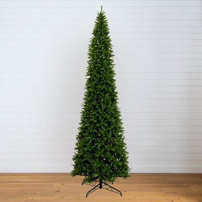 Christmas tree Nearly Natural 15 ft slim green mountain pine with warm white LED lights on stand on Tampa Home & Garden Store