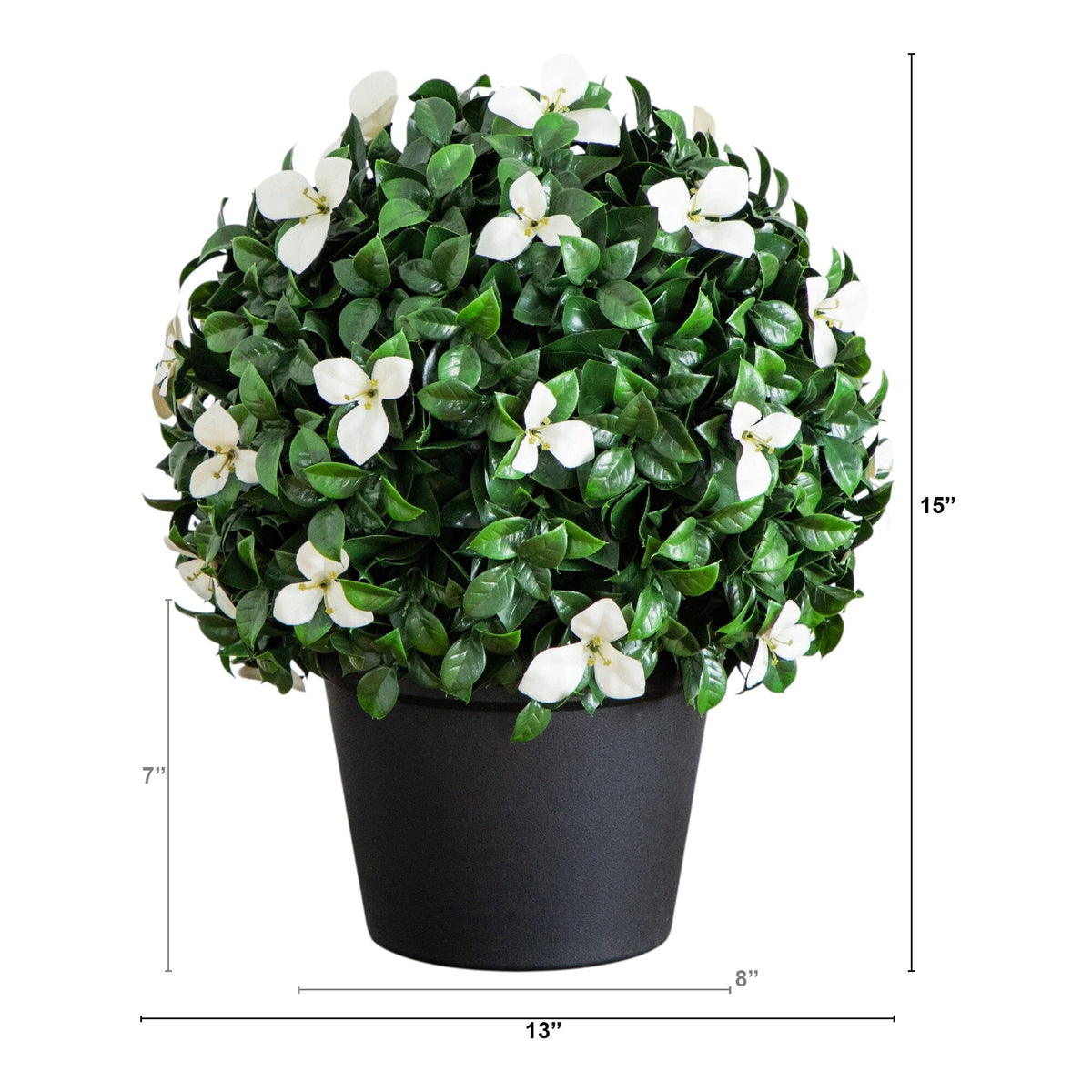 Nearly Natural 15in UV-resistant artificial boxwood and gardenia topiary in black pot on Tampa Home & Garden Store