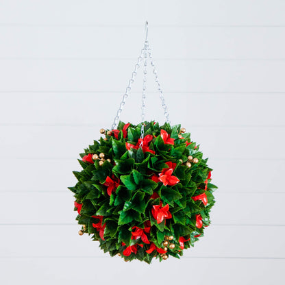 15in UV resistant Red Tip Photinia hanging ball with green leaves and gold berries by Nearly Natural on Tampa Home & Garden Store