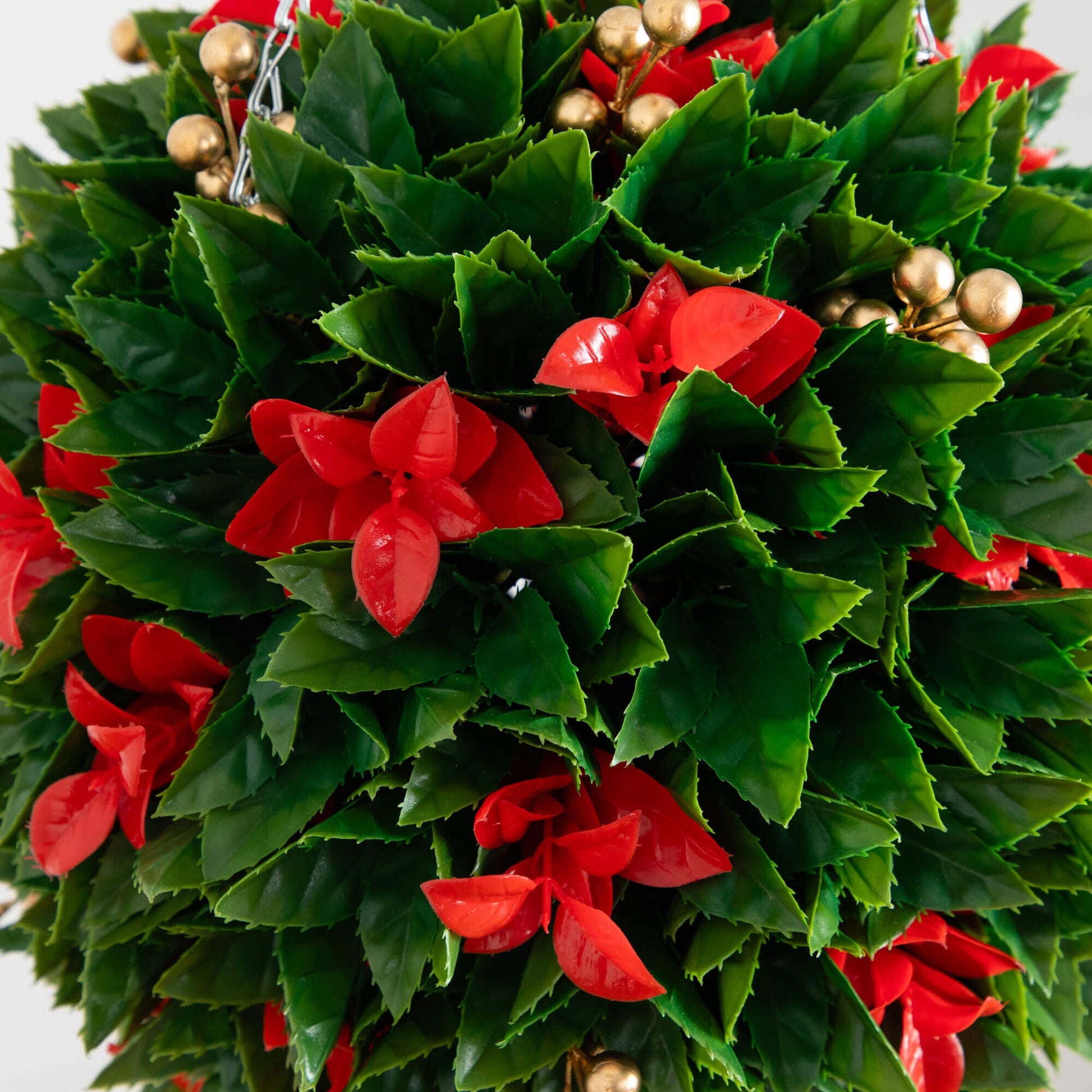 Nearly Natural 15in UV resistant Photinia hanging ball with red tips and gold berries on Tampa Home & Garden Store
