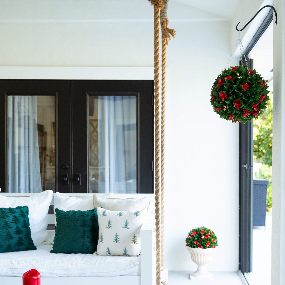 Hanging Photinia ball with red tips and gold berries; UV resistant Nearly Natural indoor/outdoor on Tampa Home & Garden Store