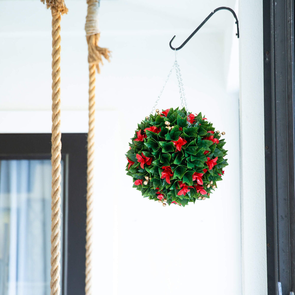 Hanging ball 15in Photinia with red tipped leaves and gold berries Nearly Natural on Tampa Home & Garden Store
