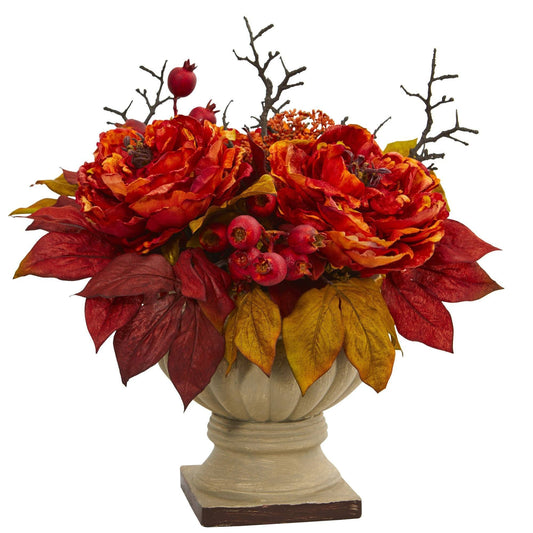 15” Peony and Sedum Artificial Arrangement - Tampa Home & Garden Store