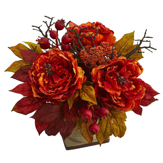 15” Peony and Sedum Artificial Arrangement - Tampa Home & Garden Store