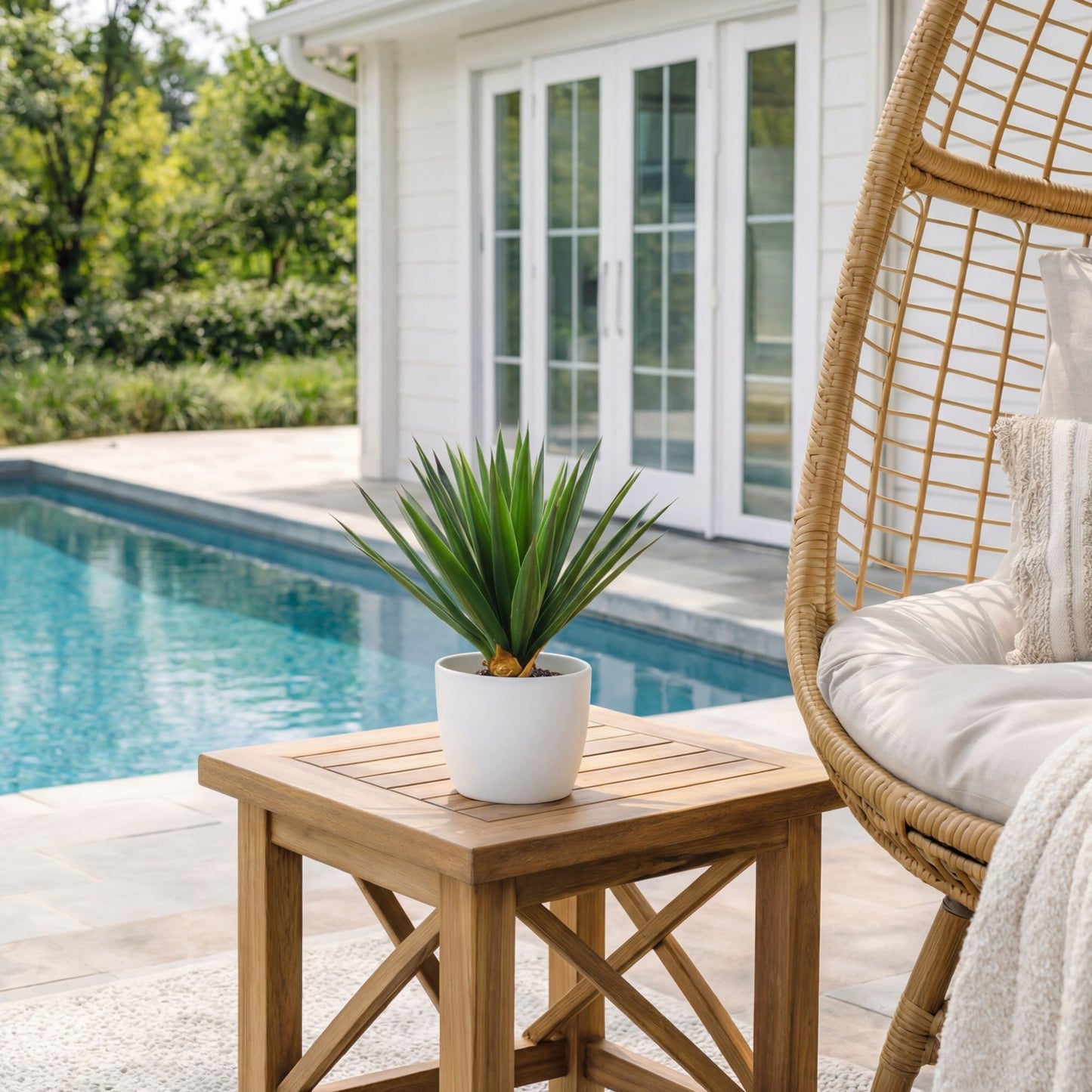 15” UV resistant artificial agave plant in white planter poolside patio on Tampa Home & Garden Store