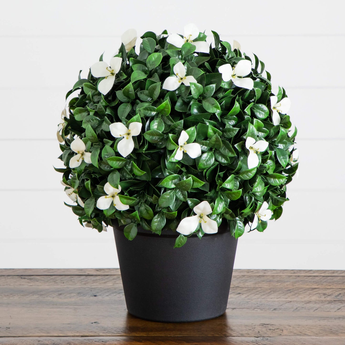 Artificial Boxwood and Gardenia Topiary, 15 in, UV resistant, Nearly Natural in a black pot on Tampa Home & Garden Store