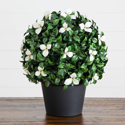 Artificial Boxwood and Gardenia Topiary, 15 in, UV resistant, Nearly Natural in a black pot on Tampa Home & Garden Store