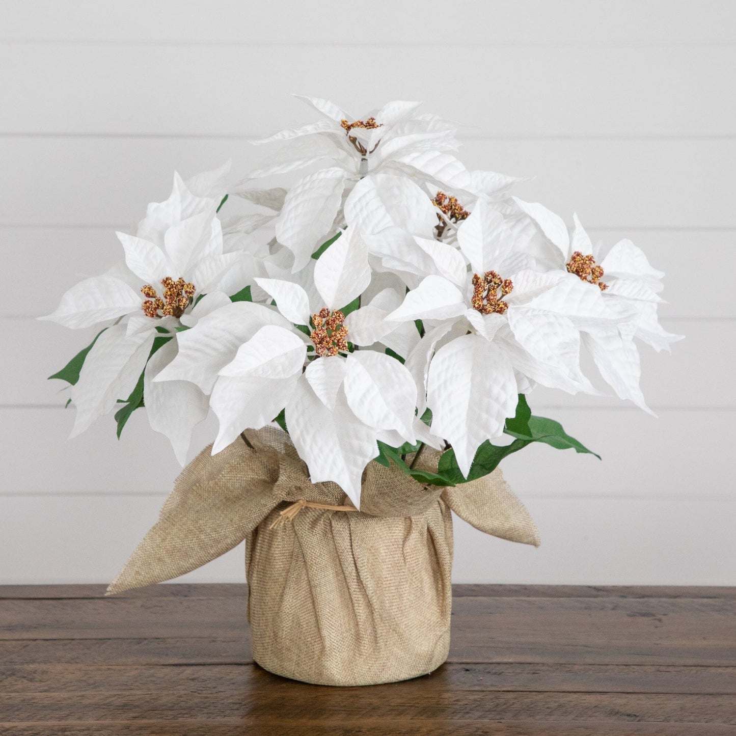 16in artificial poinsettia arrangement in burlap planter, white blooms, Nearly Natural on Tampa Home & Garden Store