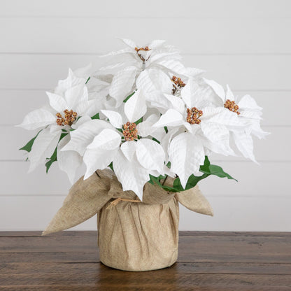 16in artificial poinsettia arrangement in burlap planter, white blooms, Nearly Natural on Tampa Home & Garden Store