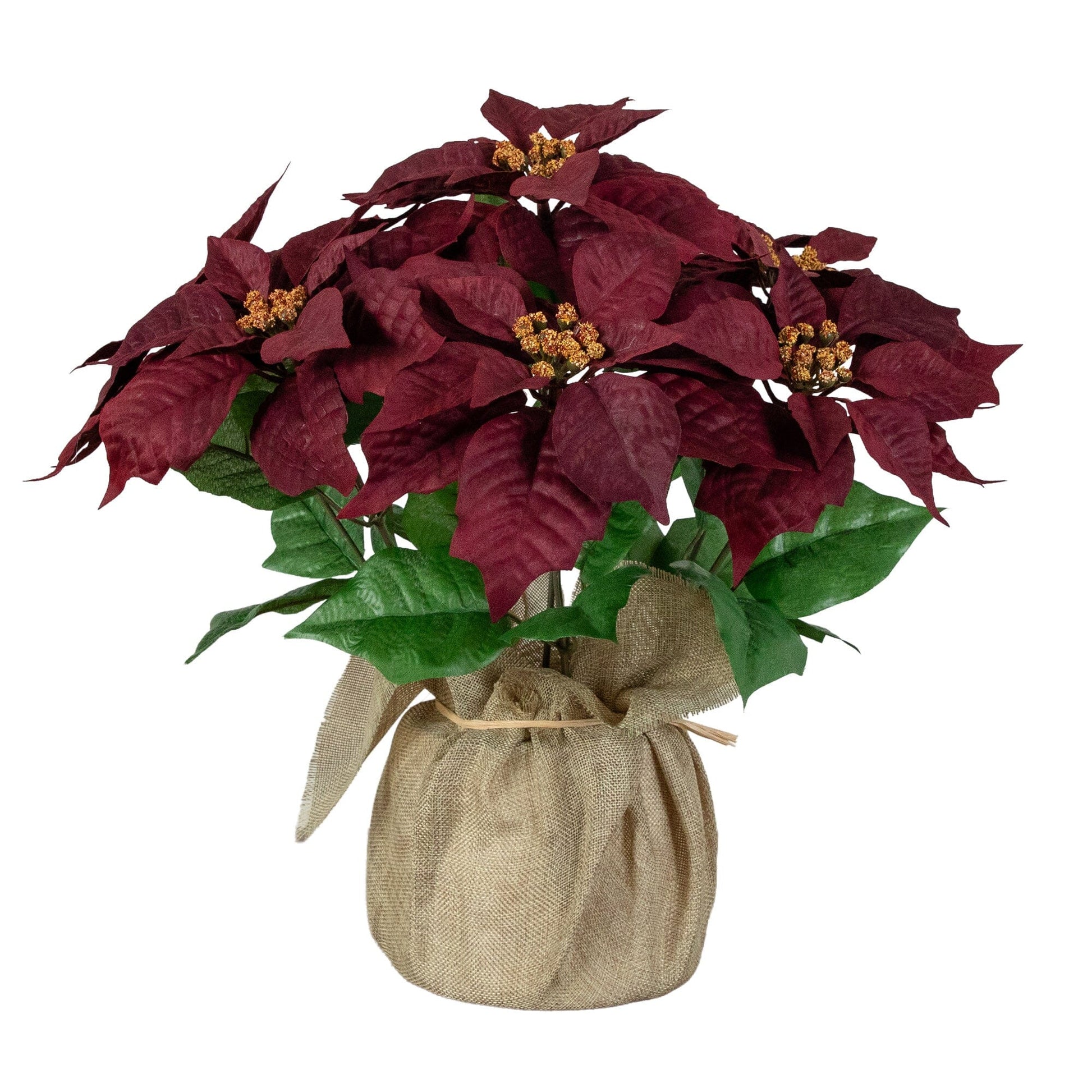 16-inch artificial poinsettia in burlap planter with burgundy leaves and gold clusters NearlyNatural on Tampa Home & Garden Store