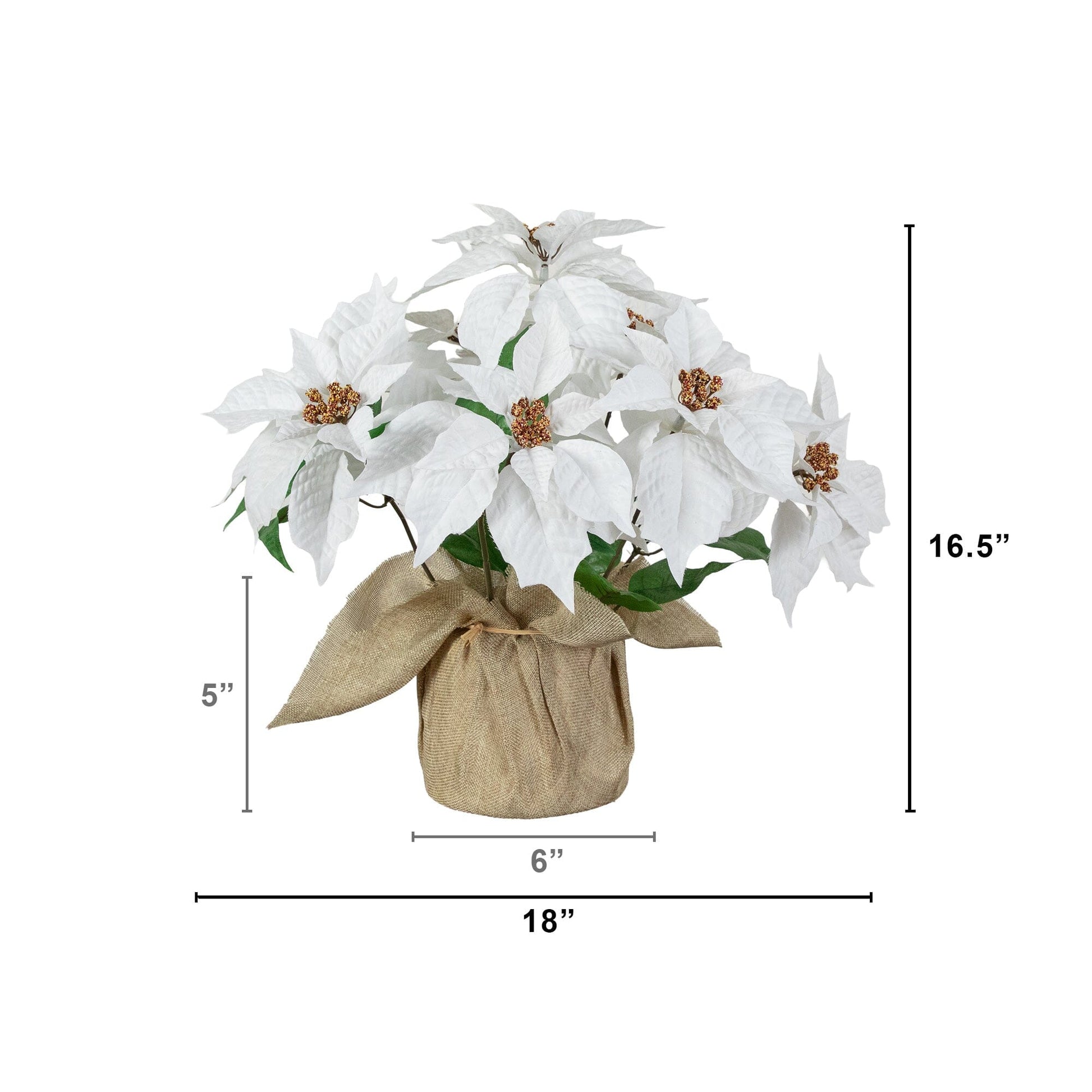 16in Nearly Natural artificial poinsettia arrangement in burlap planter with white blooms on Tampa Home & Garden Store