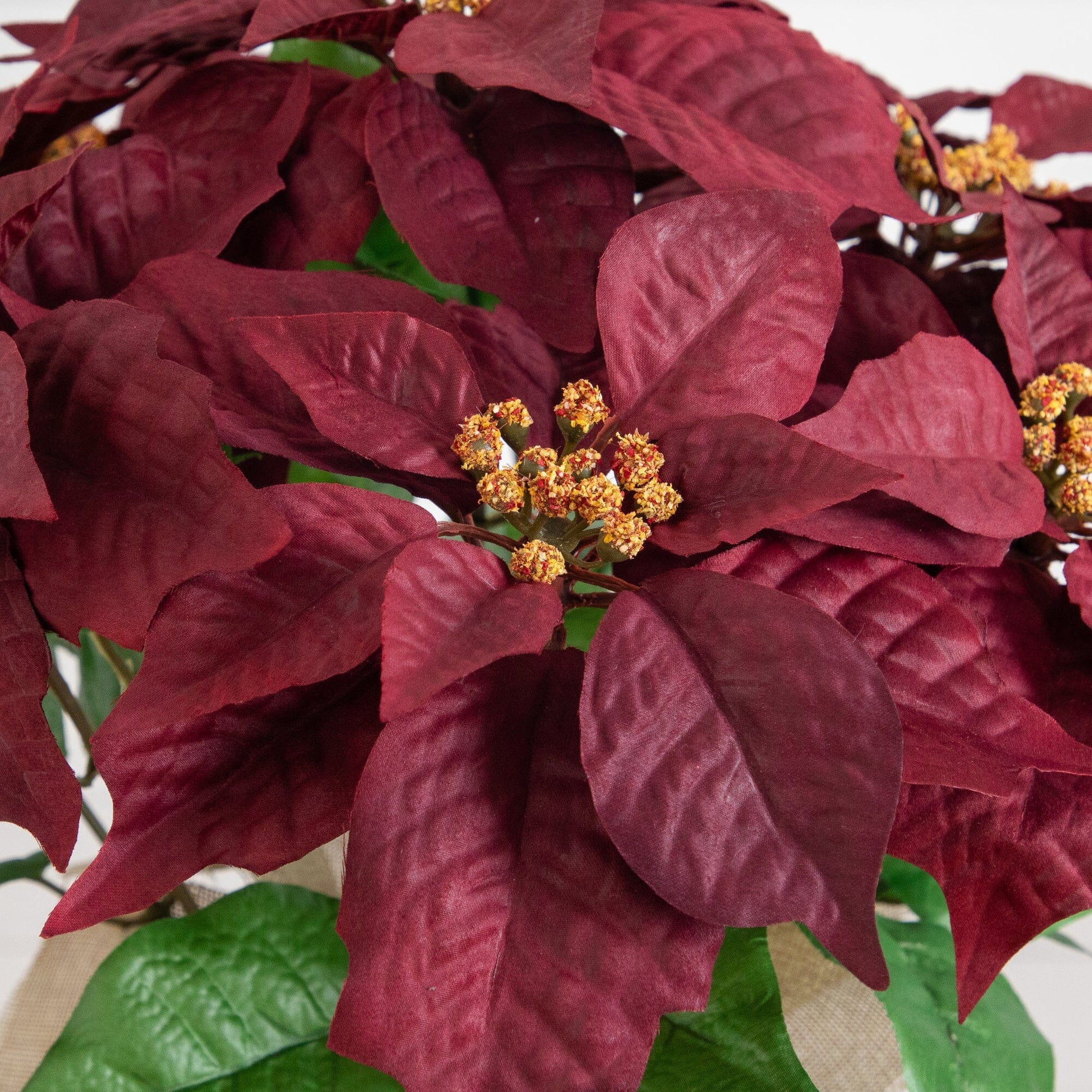 16-inch Nearly Natural poinsettia arrangement in burlap planter burgundy leaves on Tampa Home & Garden Store