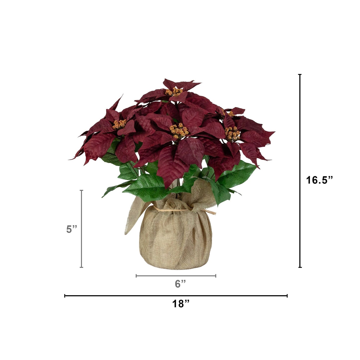 16-inch artificial poinsettia arrangement in burlap planter by Nearly Natural burgundy leaves gold centers on Tampa Home & Garden Store