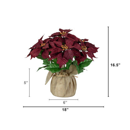 16-inch artificial poinsettia arrangement in burlap planter by Nearly Natural burgundy leaves gold centers on Tampa Home & Garden Store