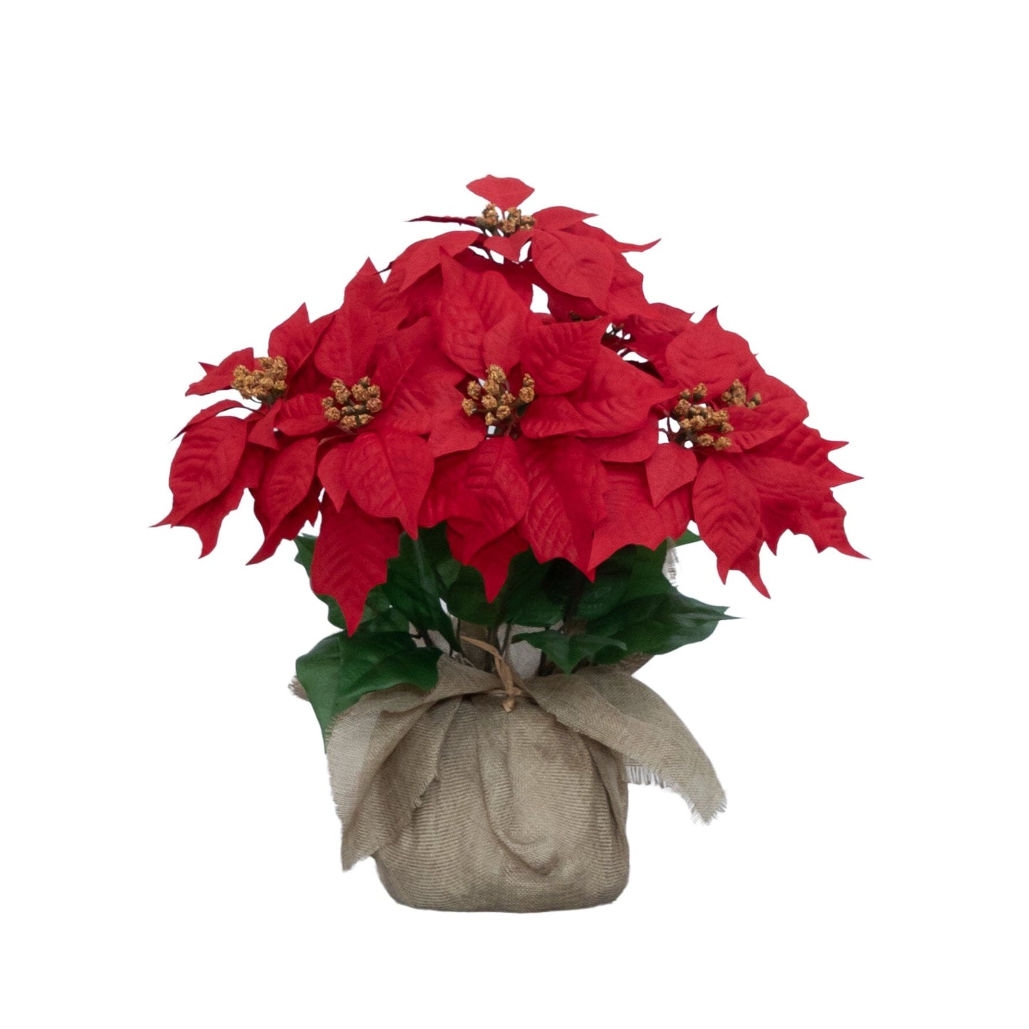 16-inch artificial poinsettia arrangement in burlap planter red blooms Nearly Natural on Tampa Home & Garden Store