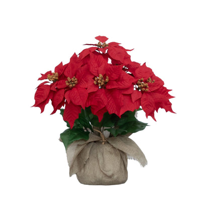16-inch artificial poinsettia arrangement in burlap planter red blooms Nearly Natural on Tampa Home & Garden Store