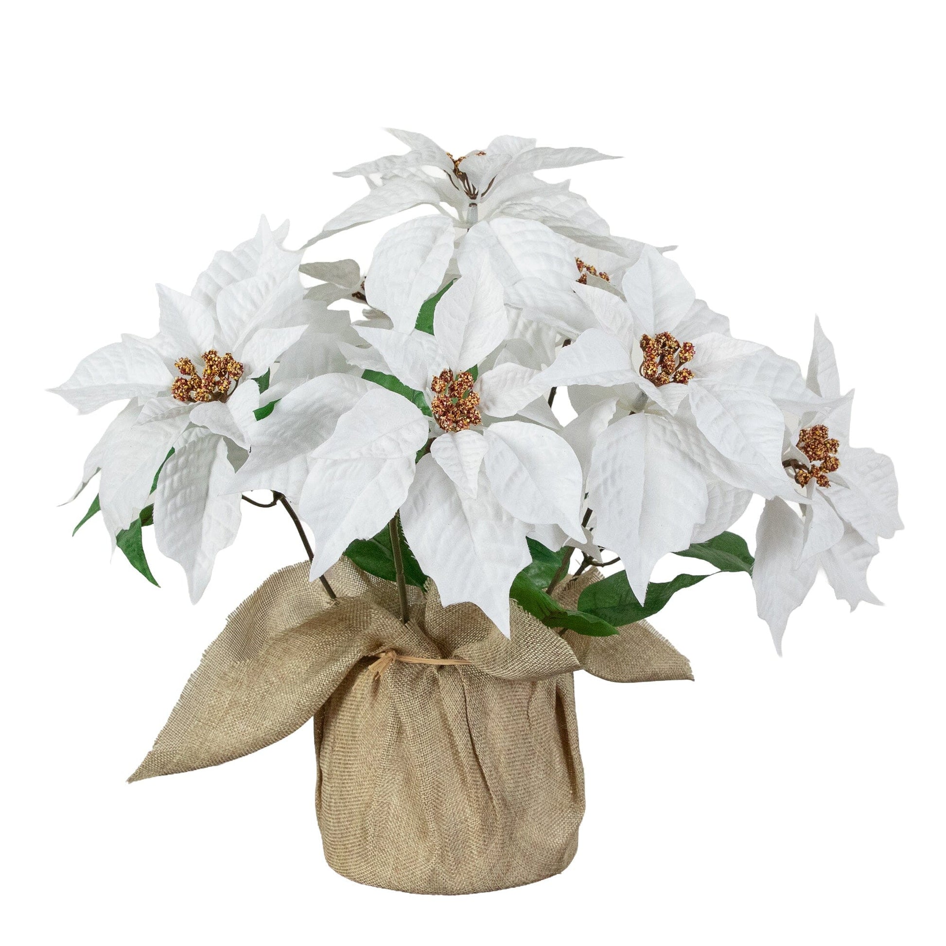 16-inch artificial poinsettia arrangement in burlap planter white blooms Nearly Natural on Tampa Home & Garden Store